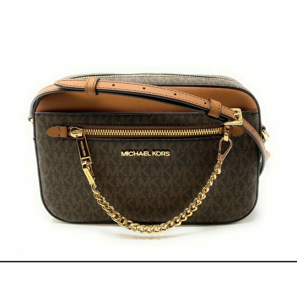 Michael Kors-NWT-Brown signature print crossbody gold chain zipper top handbag - Picture 1 of 8